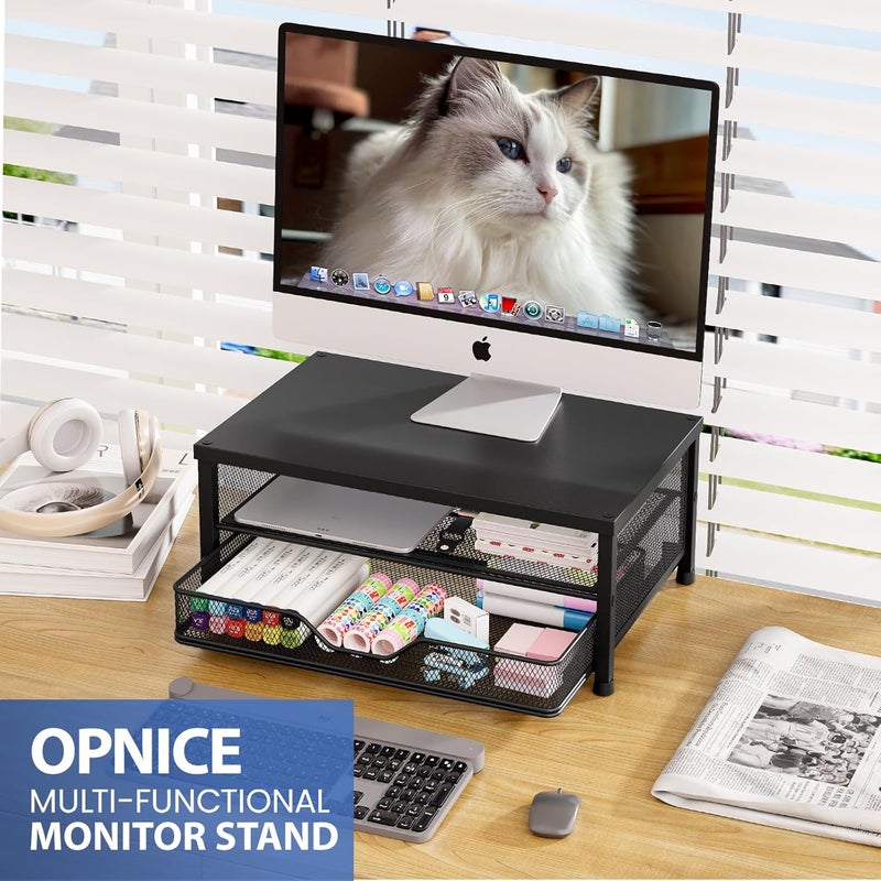 OPNICE Computer Monitor Stand Riser, Desk Organizer with Drawer, Laptop Stand, Office Desk Accessories & Workspace Desktop Organizers Storage for Office Supplies(Black 2-Pack) - Image 2
